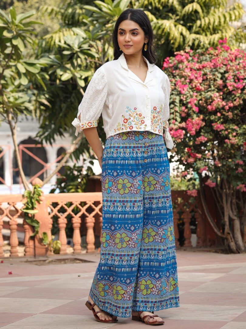 Juniper Blue Floral Printed Rayon Schiffli Top & Pants Set With Thread Work | Grocsy