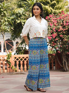 Juniper Blue Floral Printed Rayon Schiffli Top & Pants Set With Thread Work | Grocsy