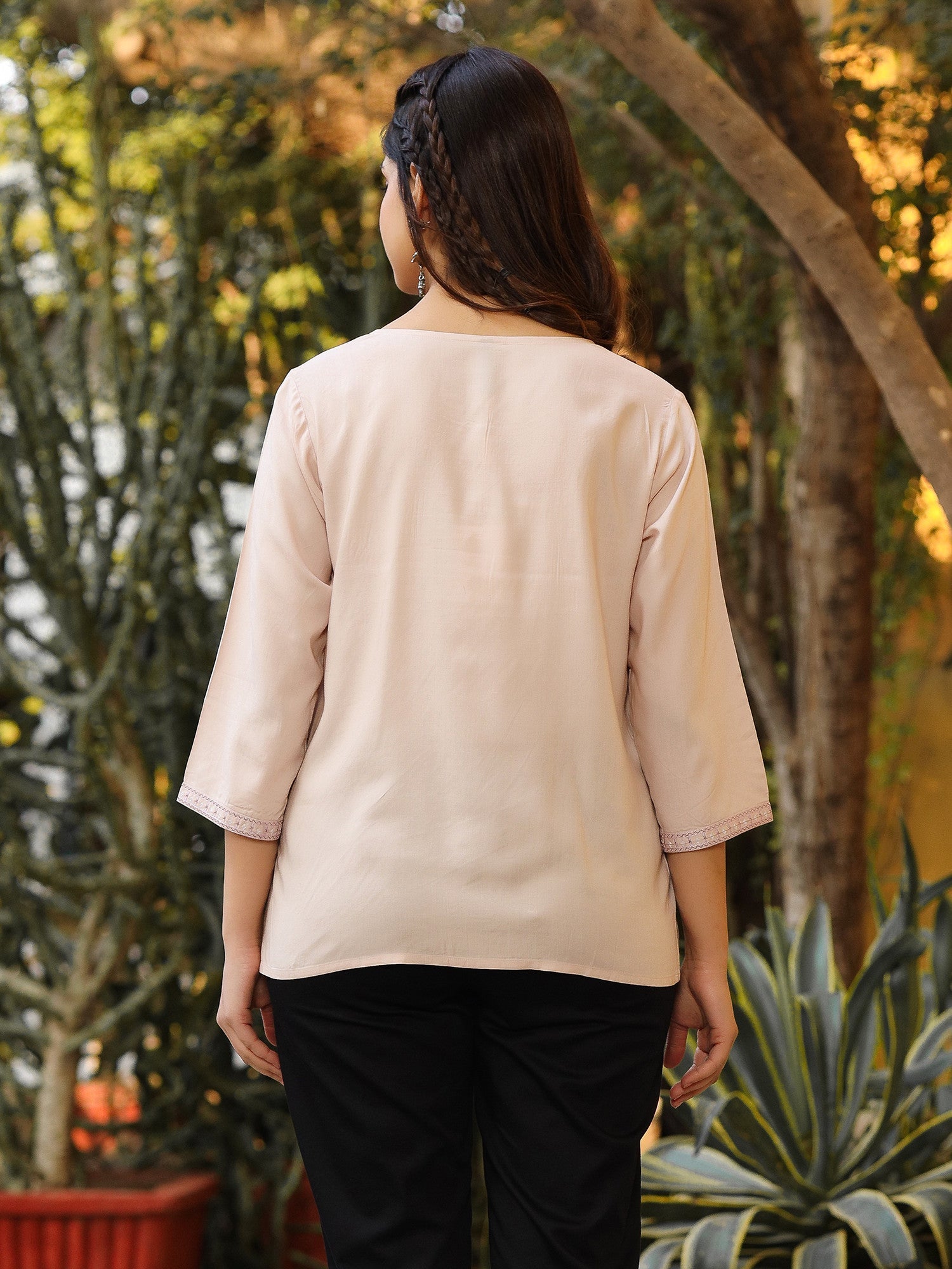 Juniper Women Nude Rayon Solid with Embroidered Tunic | Grocsy