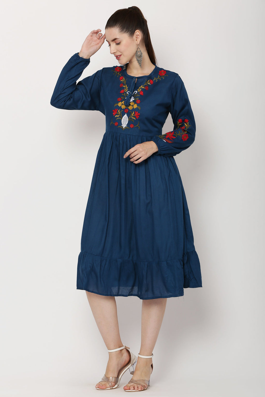 PAVONINE Navy Blue Color Flower Embroidery Dress For Women | Grocsy