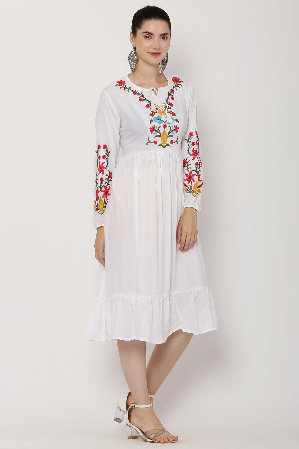PAVONINE White Color Flower Embroidery Dress For Women | Grocsy