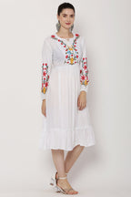 PAVONINE White Color Flower Embroidery Dress For Women | Grocsy