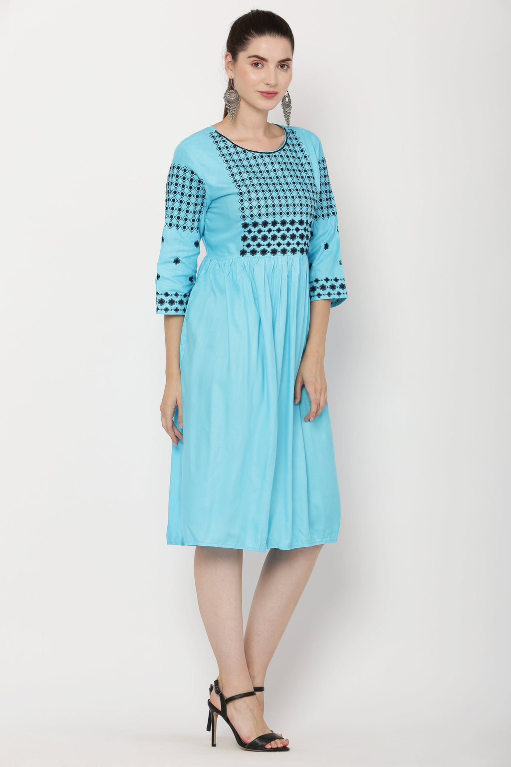 PAVONINE Firozi Color Polka Dots Embroidery Dress For Women | Grocsy