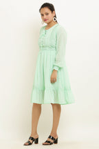 PAVONINE Pista Color Georgette Fabric Lace Inserts Midi For Girls | Grocsy