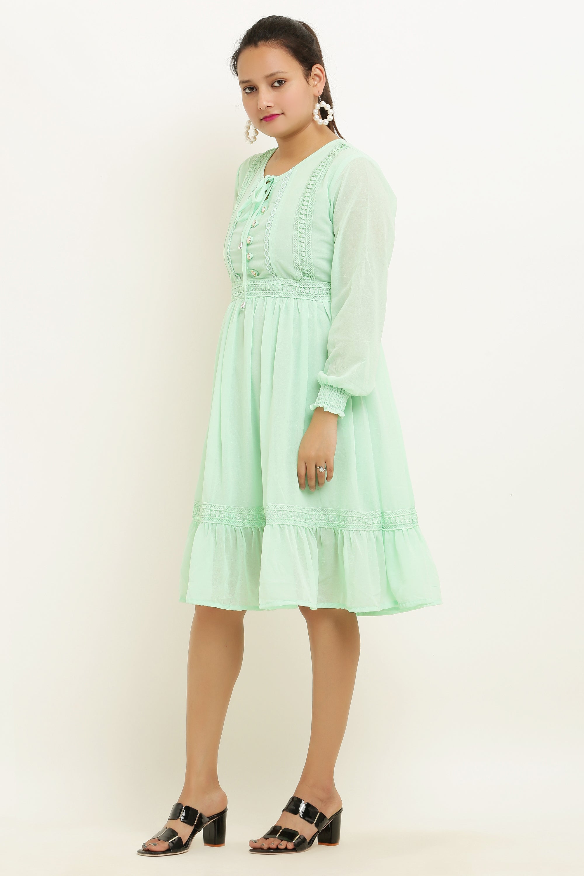 PAVONINE Pista Color Georgette Fabric Lace Inserts Midi For Girls | Grocsy