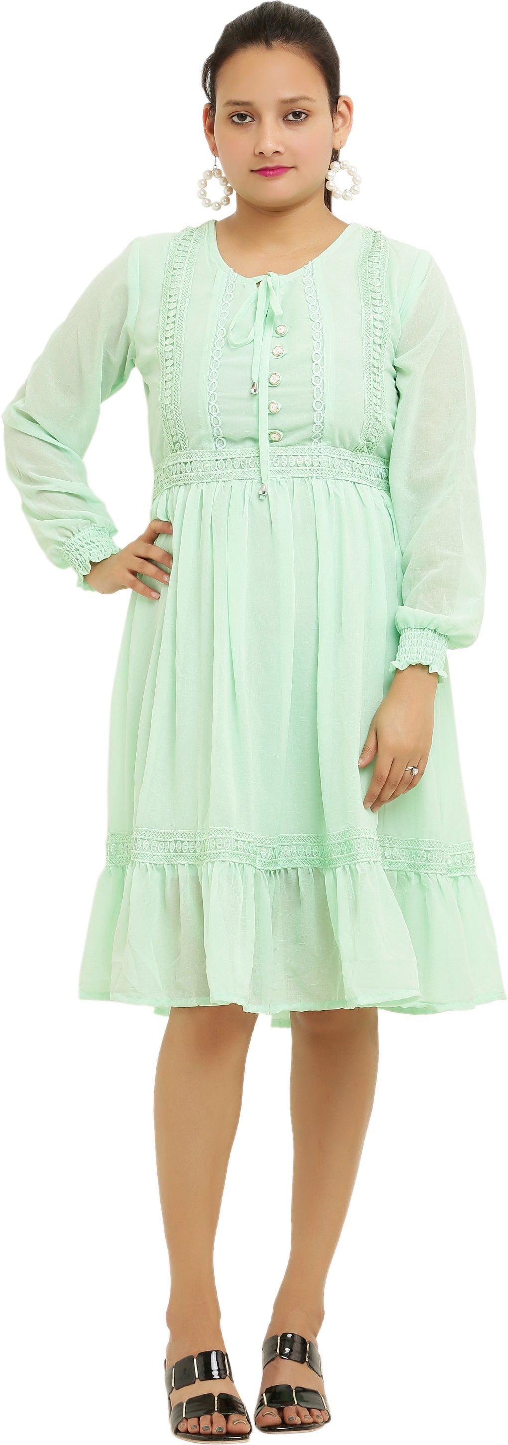 PAVONINE Pista Color Georgette Fabric Lace Inserts Midi For Girls | Grocsy