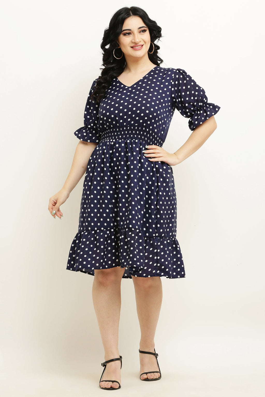 PAVONINE Micro Dots Waist Kansai Crepe Fabric Navy Blue Midi For Girls | Grocsy