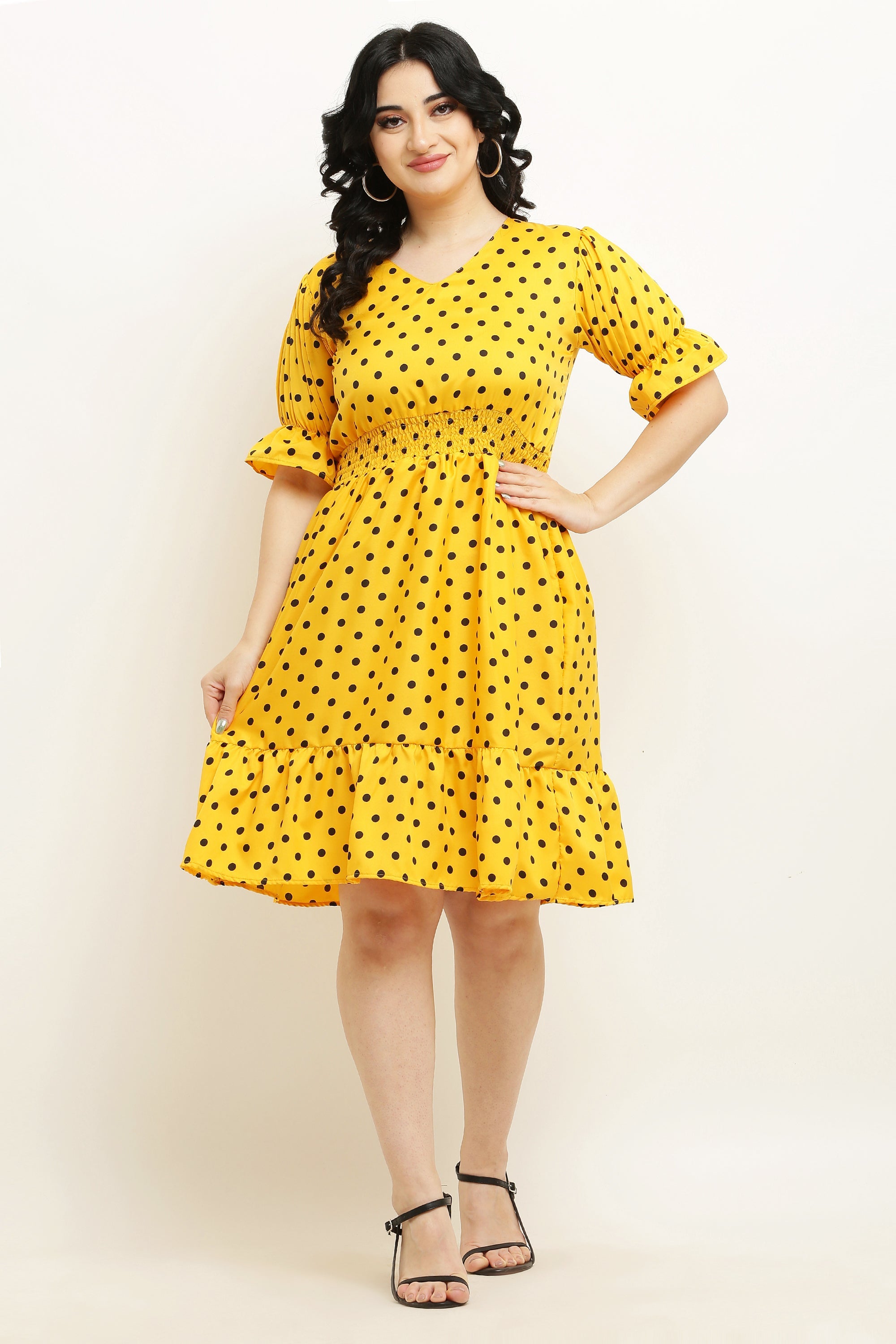 PAVONINE Micro Dots Waist Kansai Crepe Fabric Mustard Midi For Girls | Grocsy
