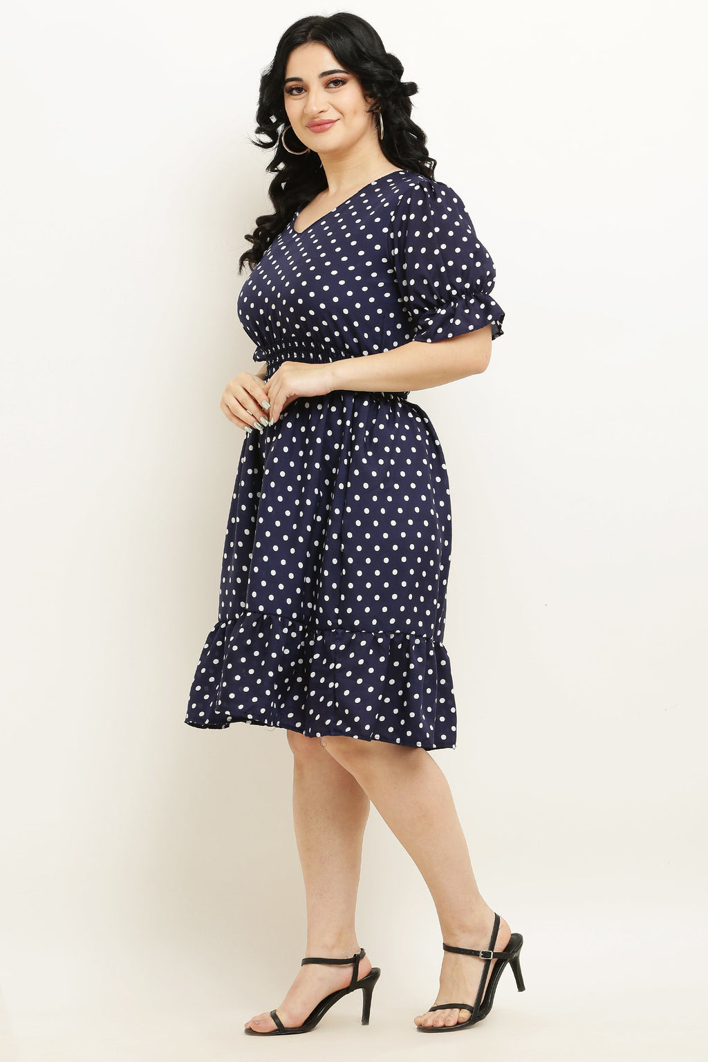 PAVONINE Micro Dots Waist Kansai Crepe Fabric Navy Blue Midi For Girls | Grocsy