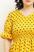 PAVONINE Micro Dots Waist Kansai Crepe Fabric Mustard Midi For Girls | Grocsy