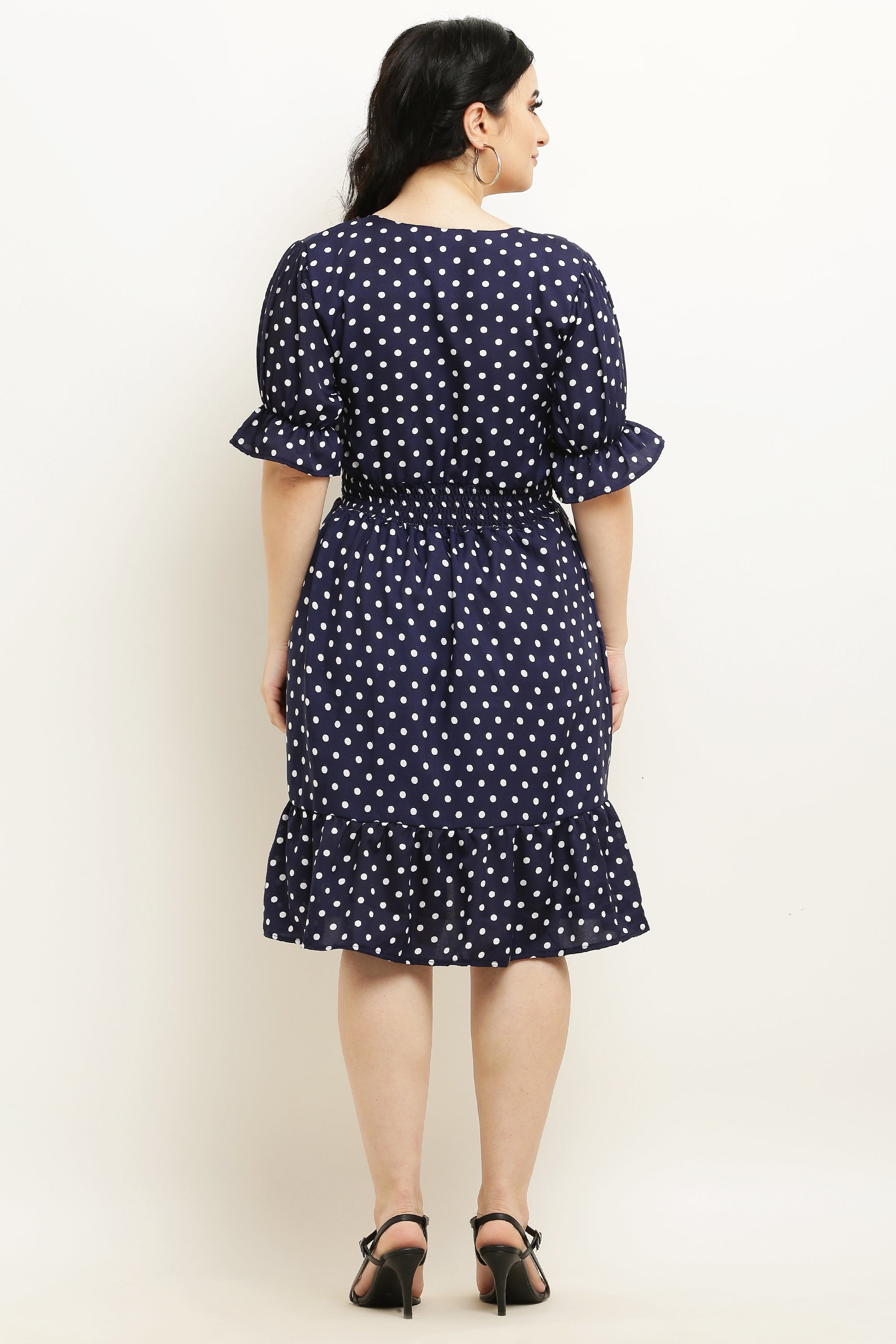 PAVONINE Micro Dots Waist Kansai Crepe Fabric Navy Blue Midi For Girls | Grocsy