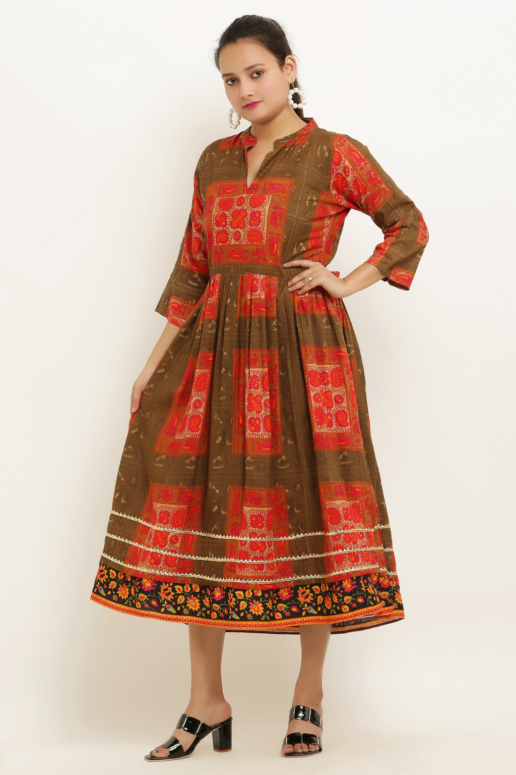 PAVONINE Jaipuri Block Print Mehandi Color Dress For Girls & Women | Grocsy