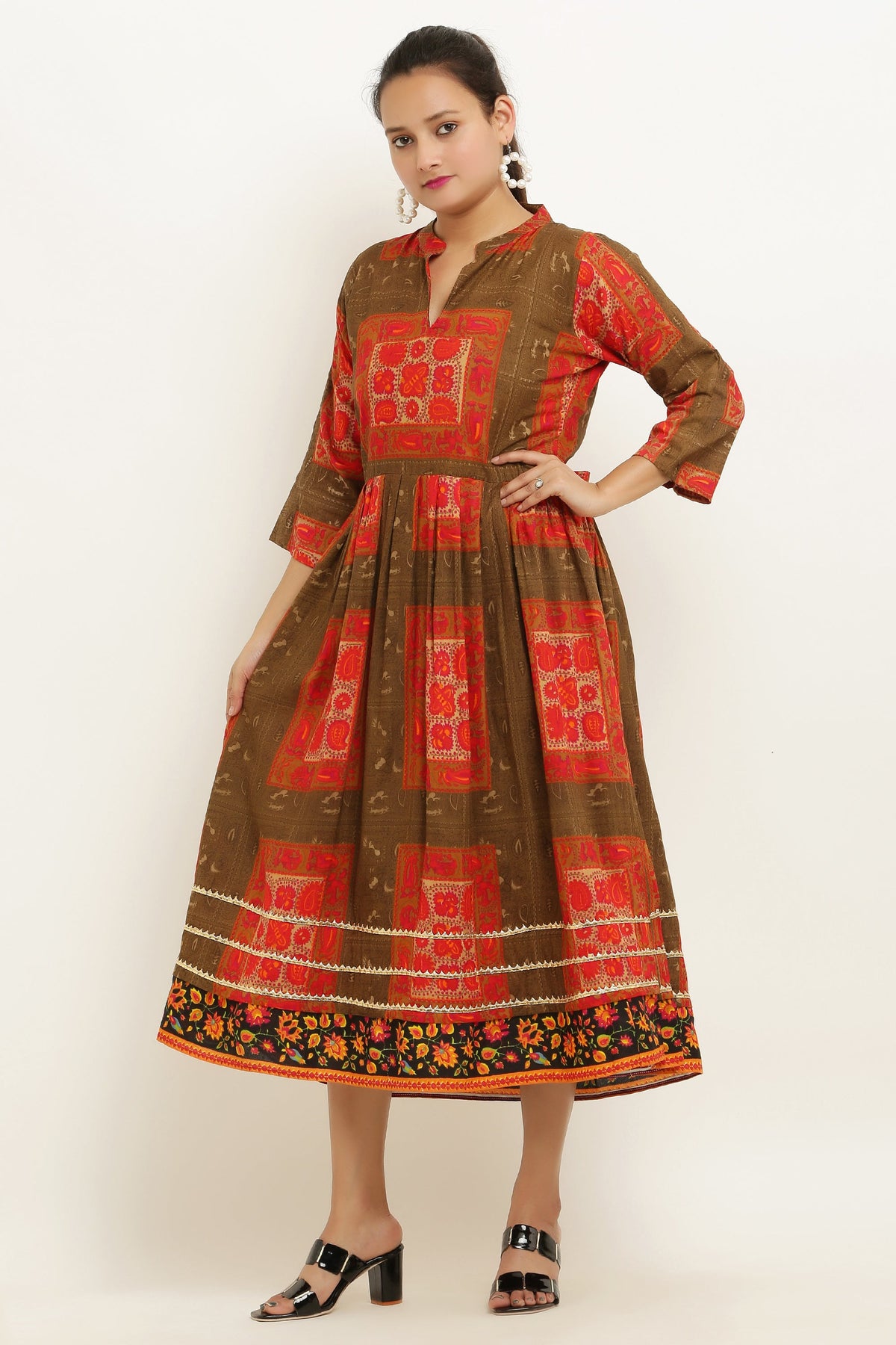 PAVONINE Jaipuri Block Print Mehandi Color Dress For Girls & Women | Grocsy