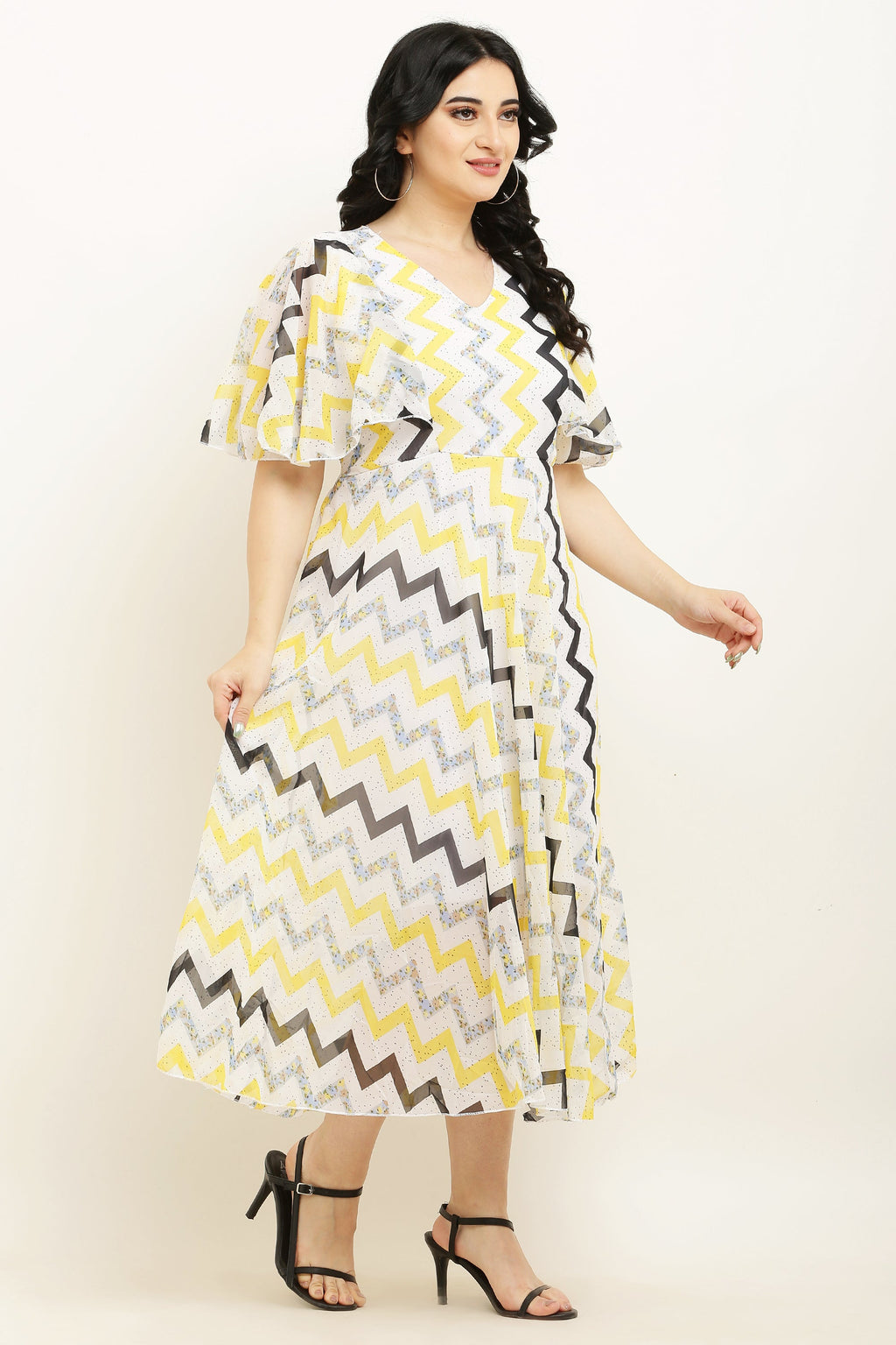 PAVONINE Zig-Zag Printed Georgette Fabric Yellow Dress For Women | Grocsy