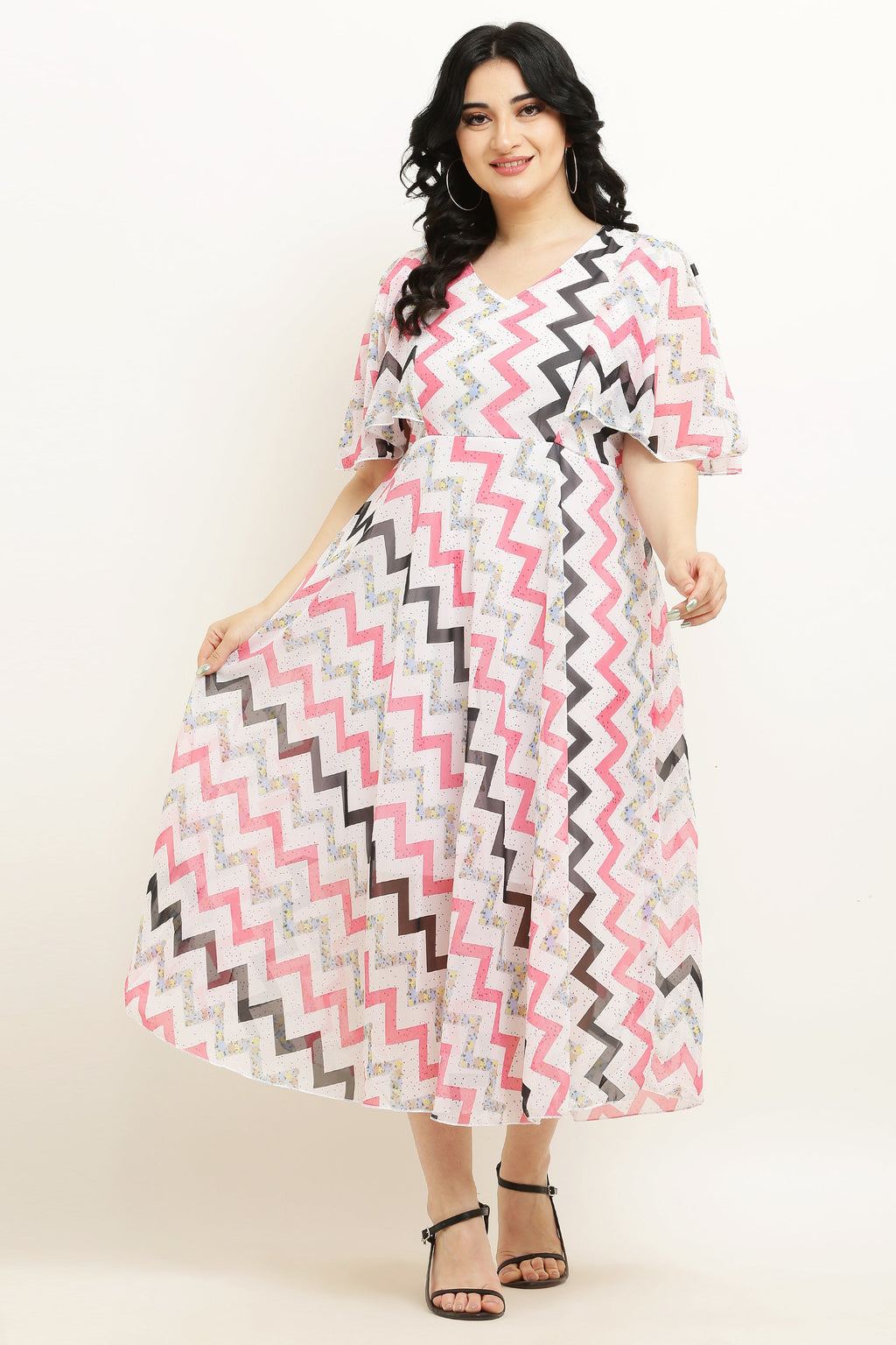 PAVONINE Zig-Zag Printed Georgette Fabric Peach Dress For Women | Grocsy