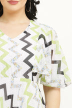PAVONINE Zig-Zag Printed Georgette Fabric Light Green Dress For Women | Grocsy