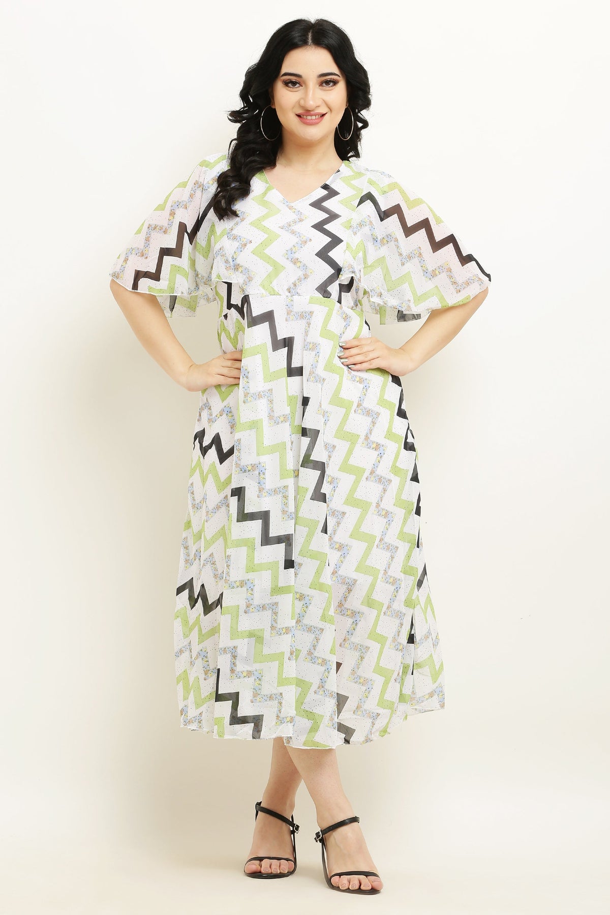 PAVONINE Zig-Zag Printed Georgette Fabric Light Green Dress For Women | Grocsy