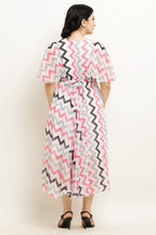 PAVONINE Zig-Zag Printed Georgette Fabric Peach Dress For Women | Grocsy