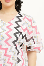 PAVONINE Zig-Zag Printed Georgette Fabric Peach Dress For Women | Grocsy