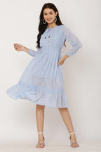 PAVONINE Sky Blue Color Georgette Fabric Lace Inserts Dress For Girls | Grocsy
