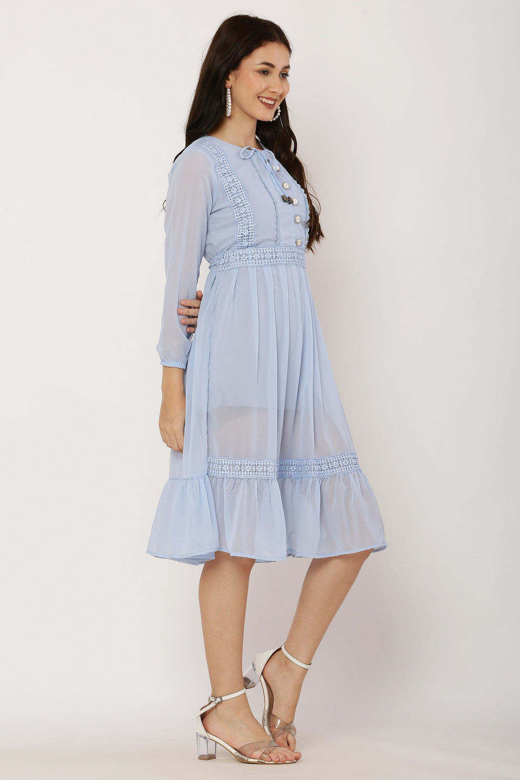 PAVONINE Sky Blue Color Georgette Fabric Lace Inserts Dress For Girls | Grocsy