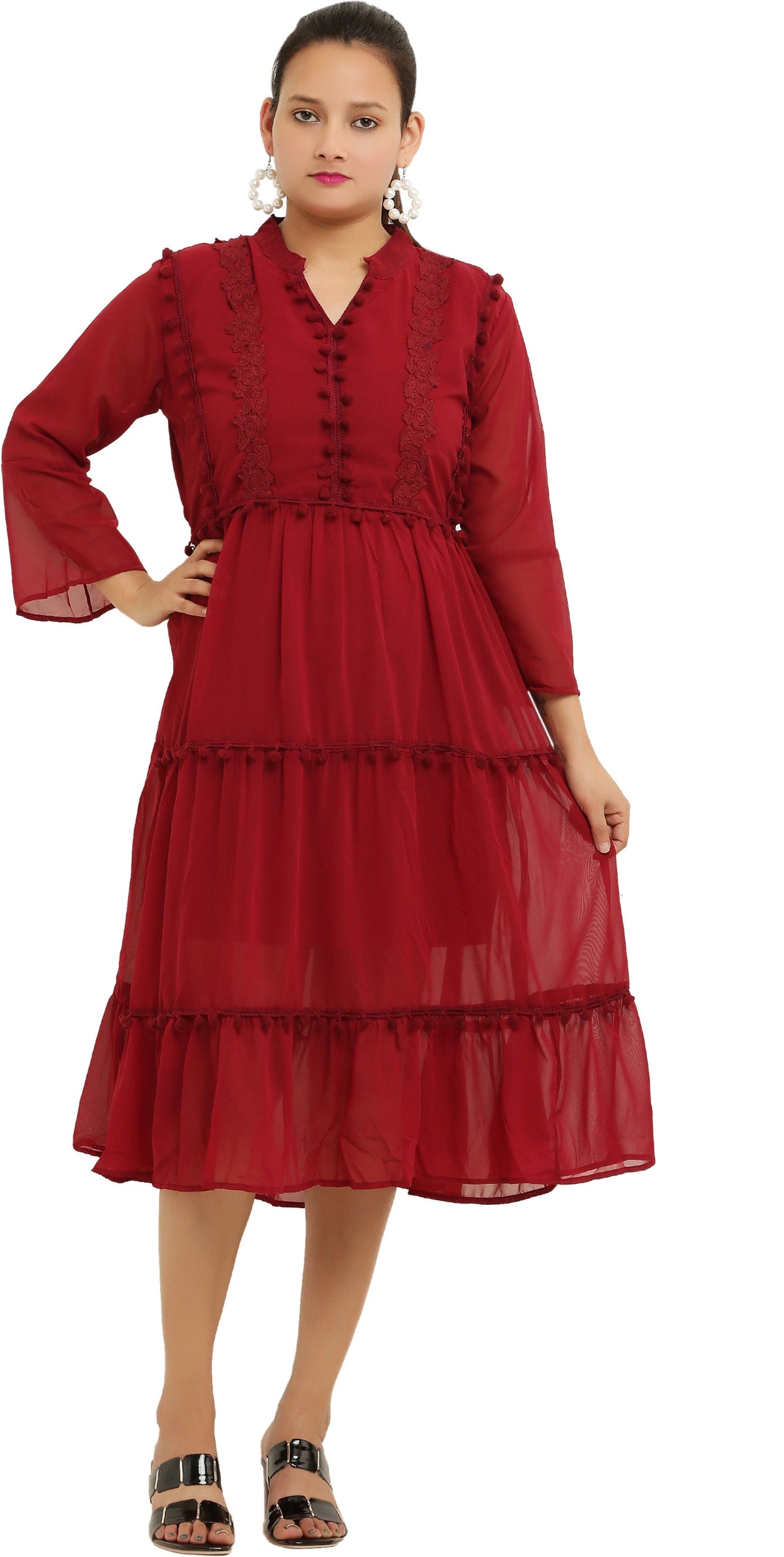 PAVONINE Pum Pum & Lace Inserted Maroon Color Dress For Girls & Women | Grocsy