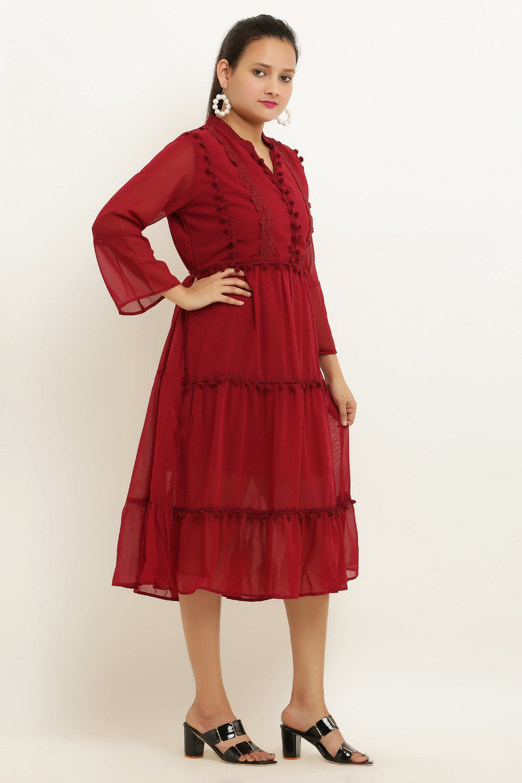 PAVONINE Pum Pum & Lace Inserted Maroon Color Dress For Girls & Women | Grocsy