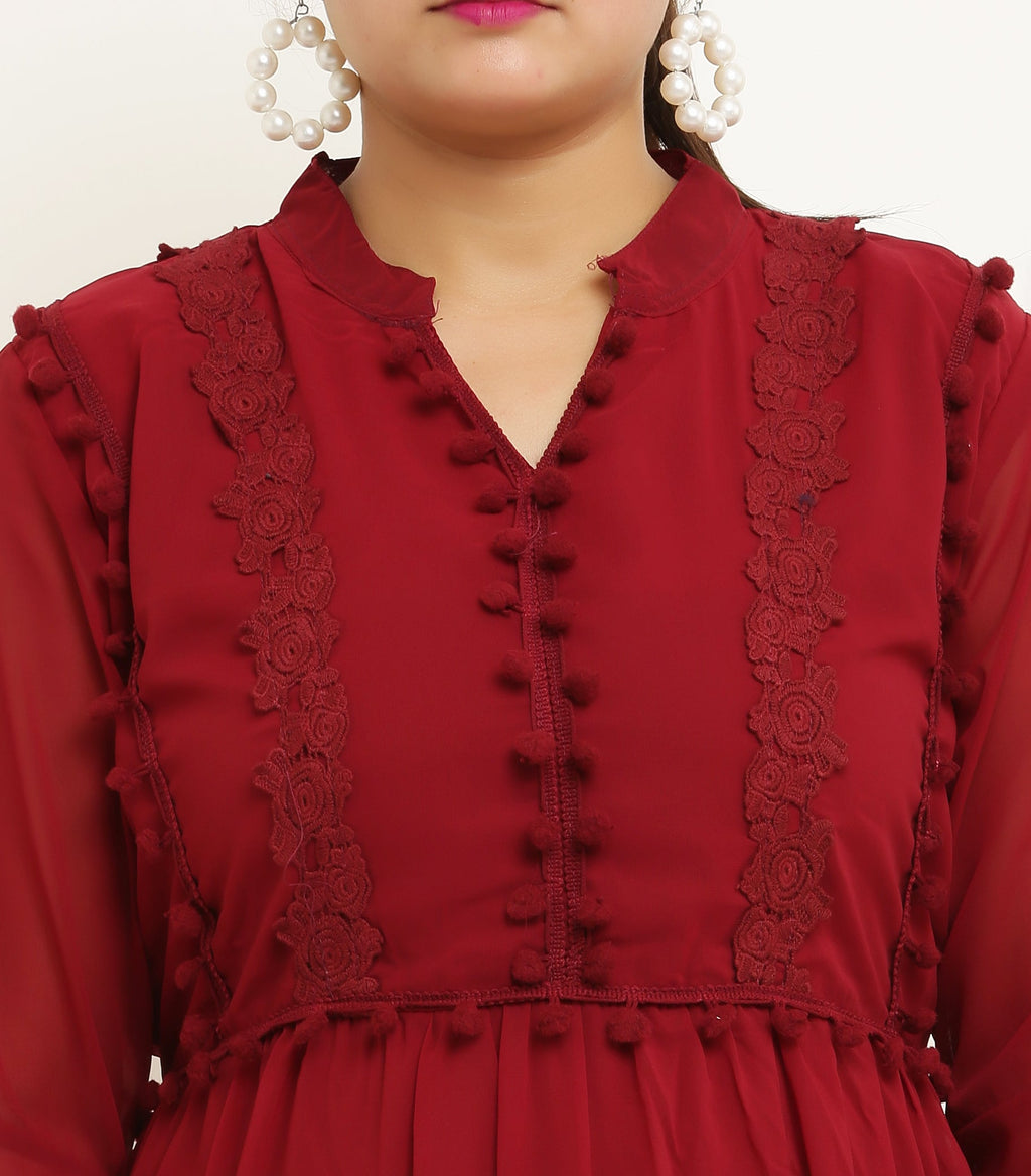 PAVONINE Pum Pum & Lace Inserted Maroon Color Dress For Girls & Women | Grocsy