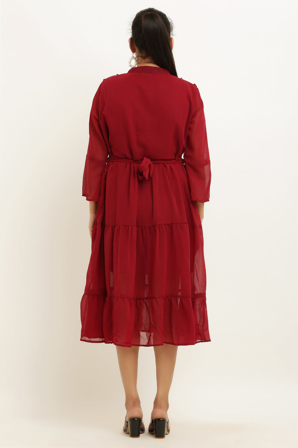 PAVONINE Pum Pum & Lace Inserted Maroon Color Dress For Girls & Women | Grocsy