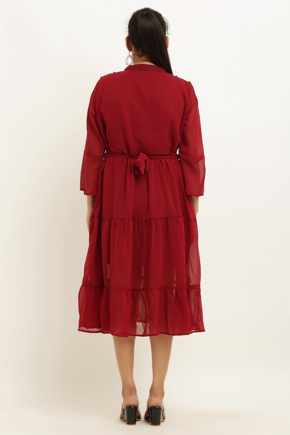 PAVONINE Pum Pum & Lace Inserted Maroon Color Dress For Girls & Women | Grocsy
