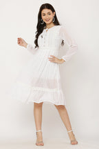PAVONINE White Color Georgette Fabric Lace Inserts Dress For Girls | Grocsy