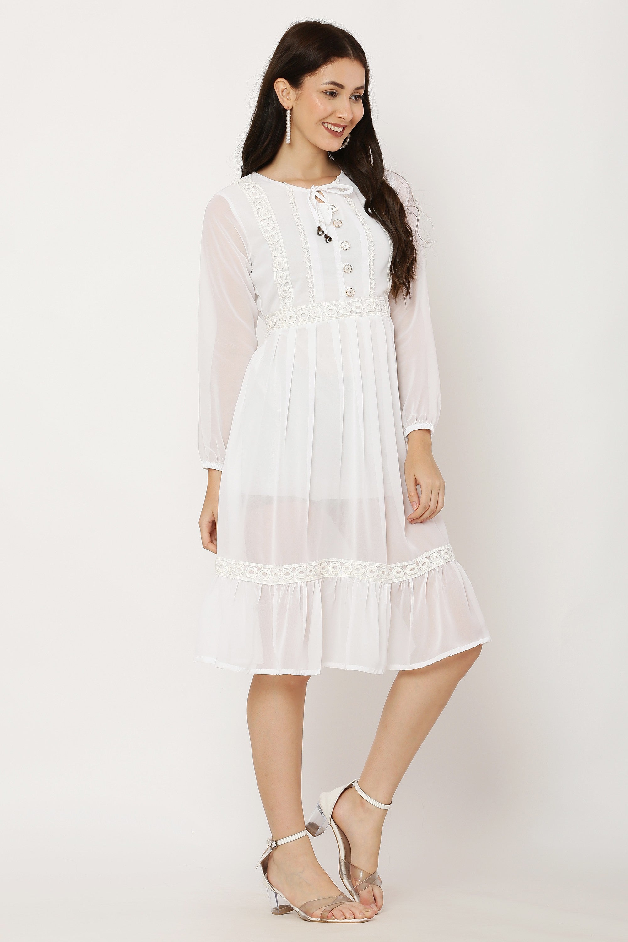 PAVONINE White Color Georgette Fabric Lace Inserts Dress For Girls | Grocsy