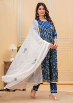 Jaimini Women Cotton Printed Round Neck Calf Length Flared Kurta Pant And Dupatta Set | Grocsy