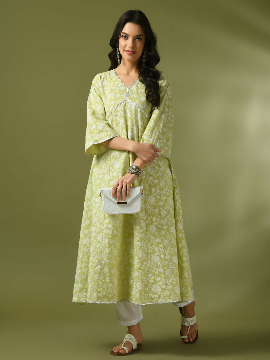 Myshka Women'sLime Green Printed Cotton Anarkali Party Kurta Set | Grocsy