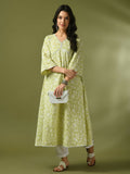 Myshka Women'sLime Green Printed Cotton Anarkali Party Kurta Set | Grocsy