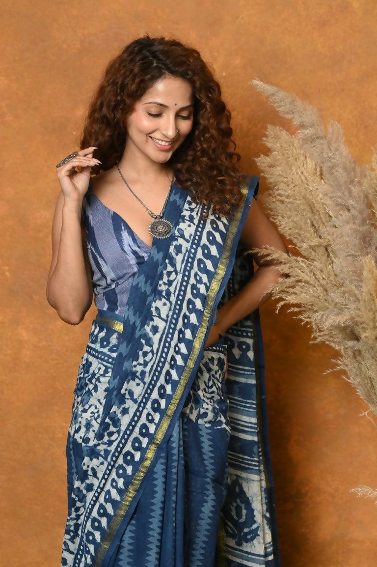 Very Much Indian Handblock Printed Cotton Saree With Natural Dyes - Blue | Grocsy