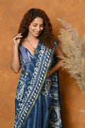 Very Much Indian Handblock Printed Cotton Saree With Natural Dyes - Blue | Grocsy