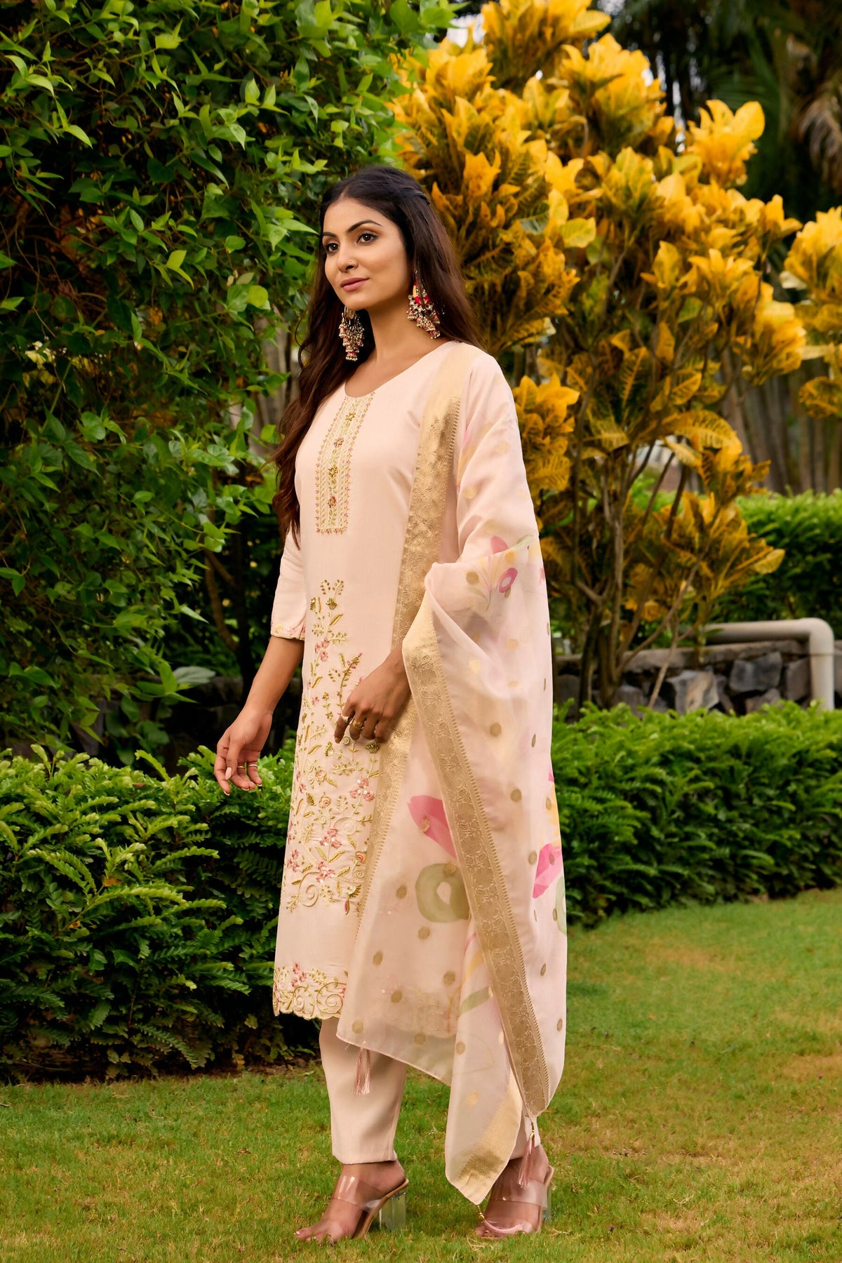 The52 Women's Beautiful Embroidery Work Roman Fabric Straight Kurta Pant and Dupatta Set | Grocsy