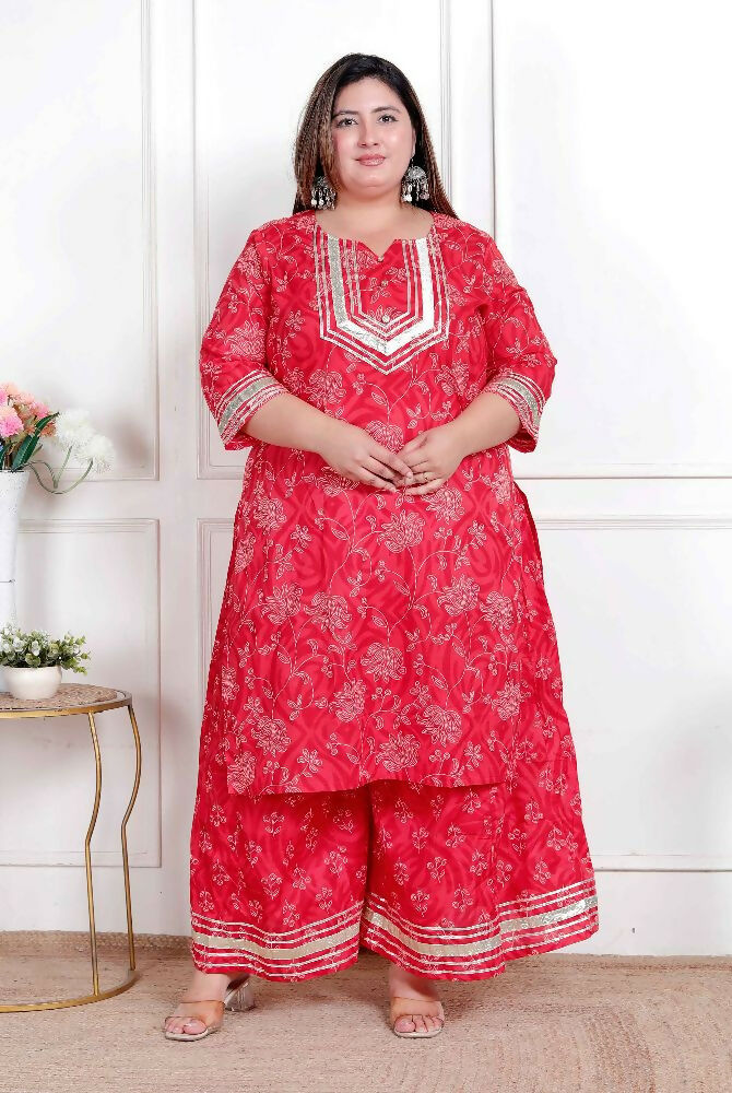 Miravan Plus Size Women'S Red Cotton Gota Work Kurta With Palazzo | Grocsy