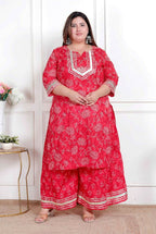 Miravan Plus Size Women'S Red Cotton Gota Work Kurta With Palazzo | Grocsy