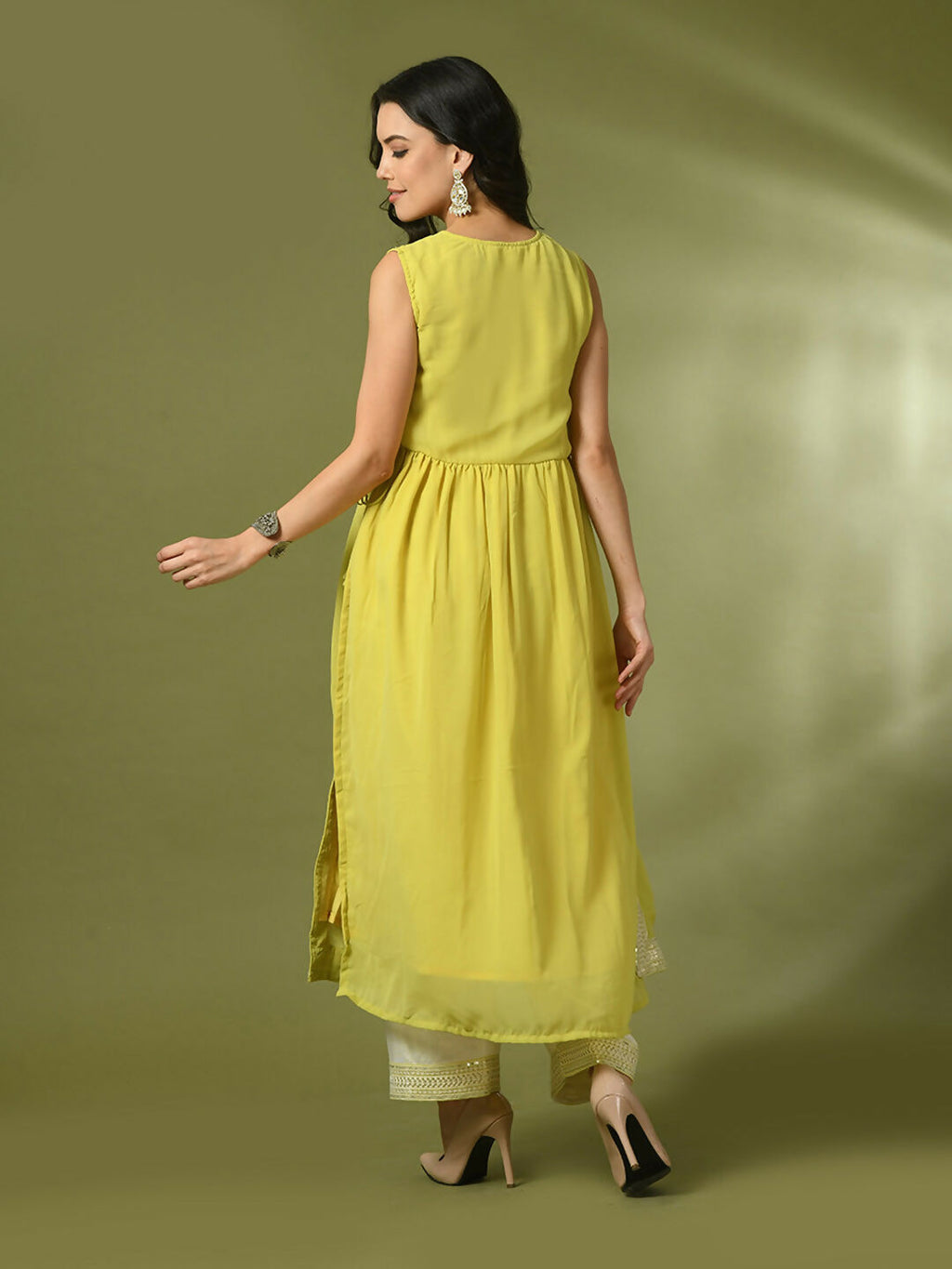 Myshka Women's Yellow Solid Georgette Anarkali Party Kurta Set | Grocsy