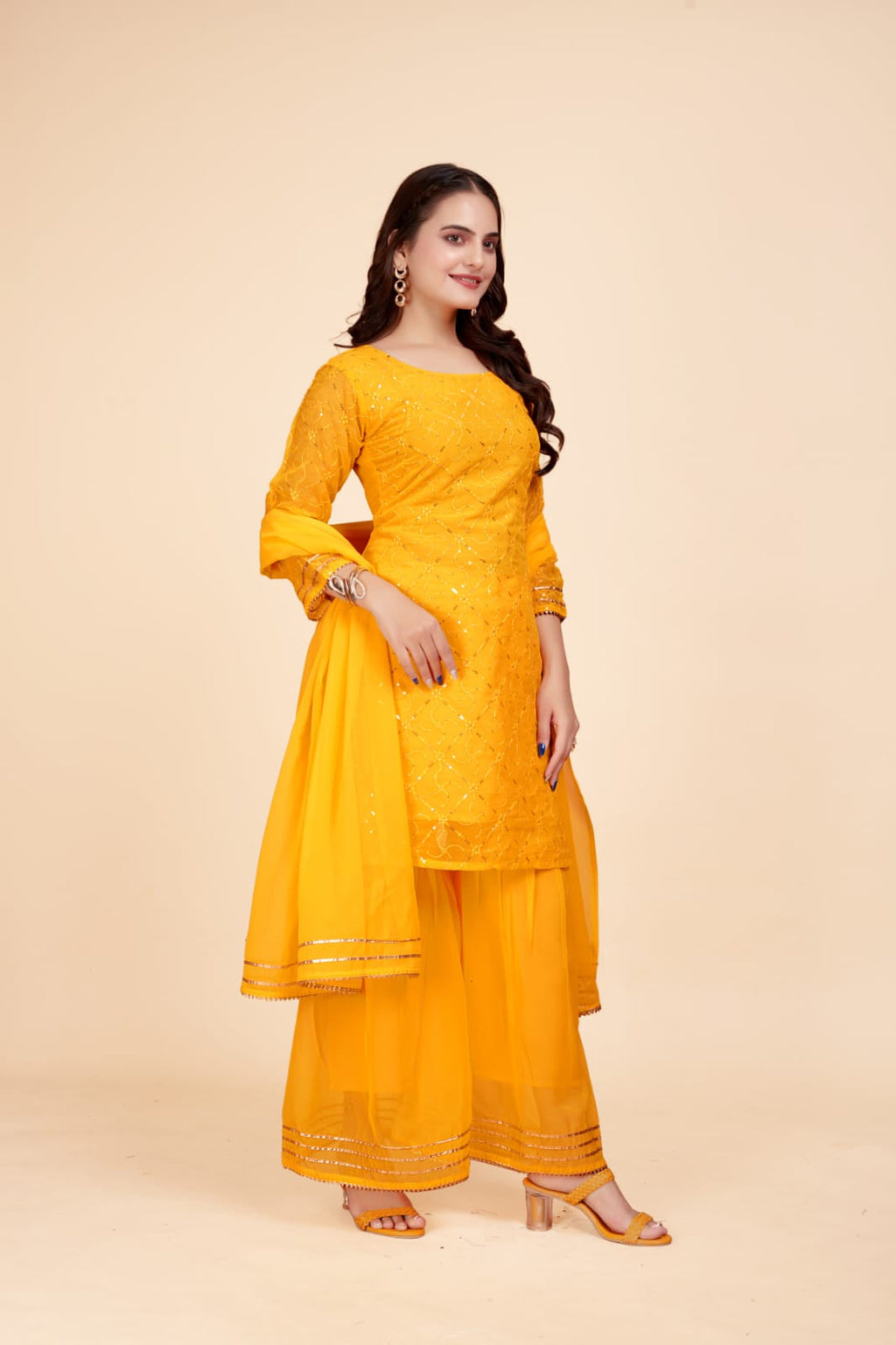 Women's A-Line Yellow Kurta and Sharara With Dupatta Set - A2M | Grocsy
