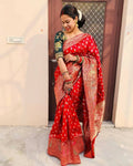 DEIANA'S Beautiful Designer Golden zari Soft Lichi Silk Saree - Red | Grocsy