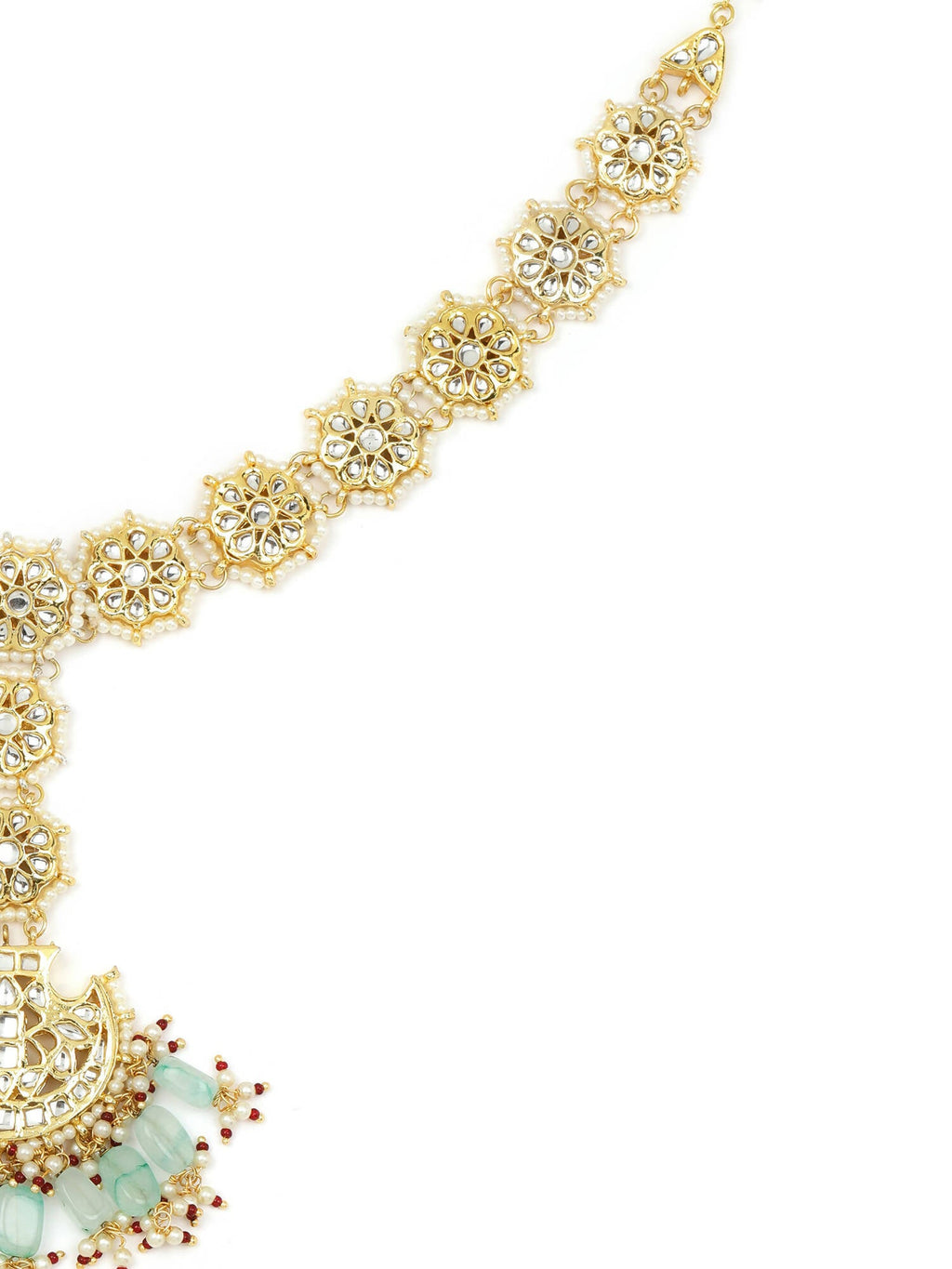 Gold-Polished White Blue Kundan-Studded Pearl Beaded Matha Patti - Ruby Raang | Grocsy