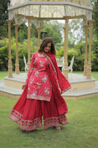 Vastranavya Premium Designer Printed With Sequins & Thread Embroidered work Kurti Palazzo & Dupatta - Red | Grocsy