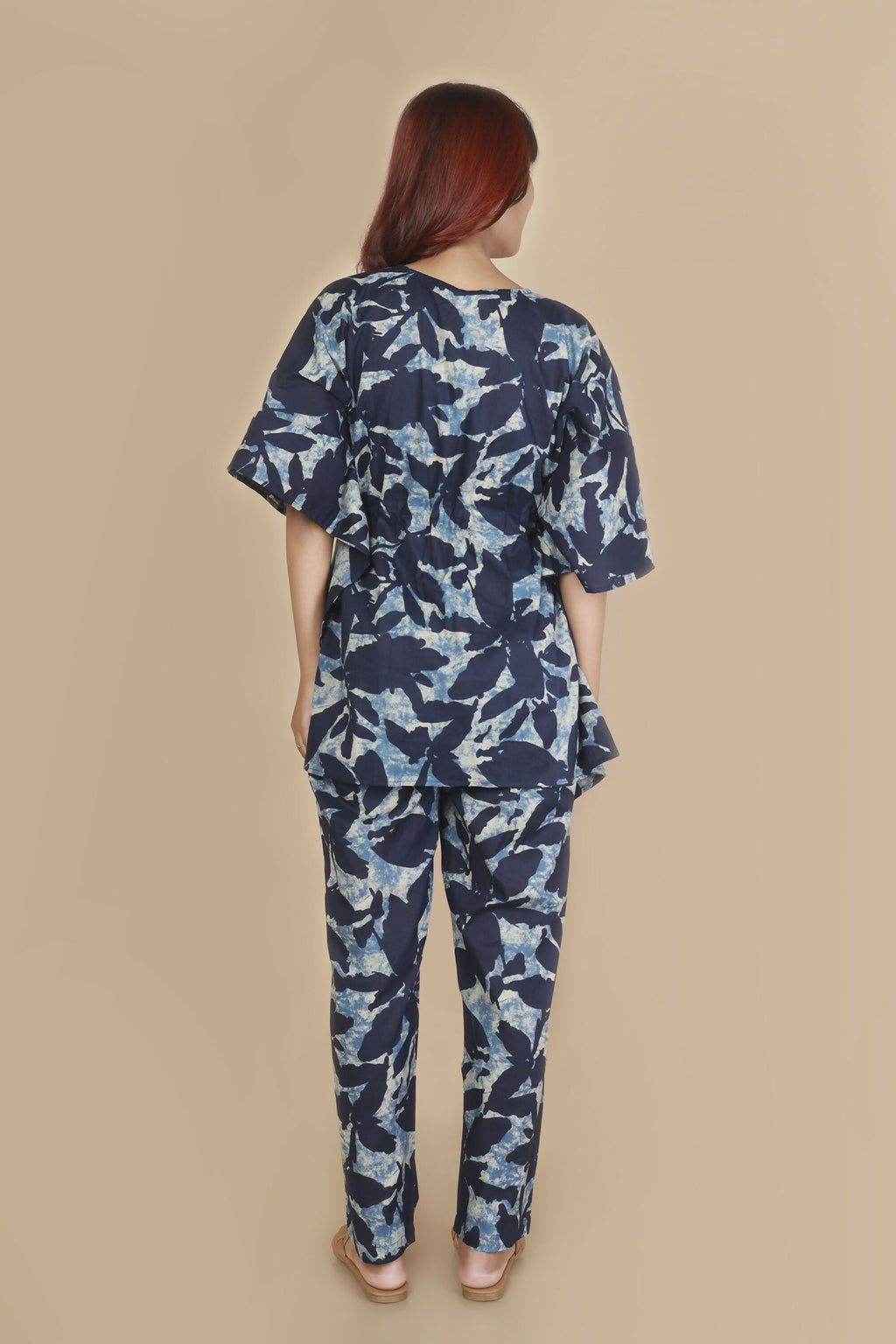 Breathables Women’S Loungewear Kaftan Cotton Blue Floral Print Co-Ord Set | Grocsy