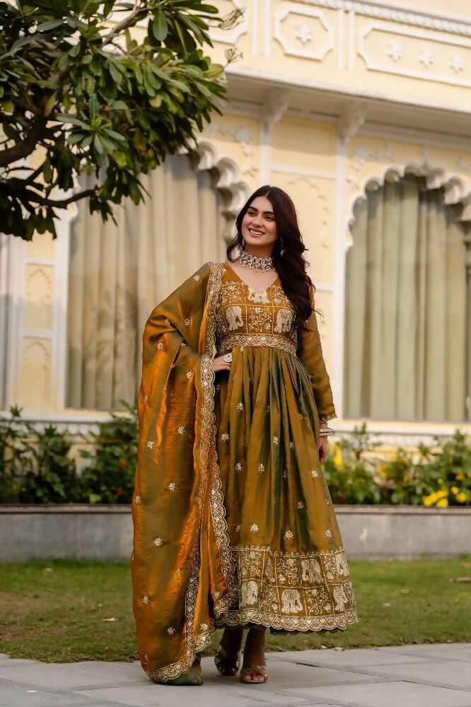 Teeya Creation Mehendi Primium Fendy Satin Silk Embroidery Work Wedding Wear Gown | Grocsy