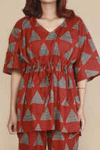 Breathables Women’S Loungewear Kaftan Cotton Red Geometric Print Co-Ord Set | Grocsy