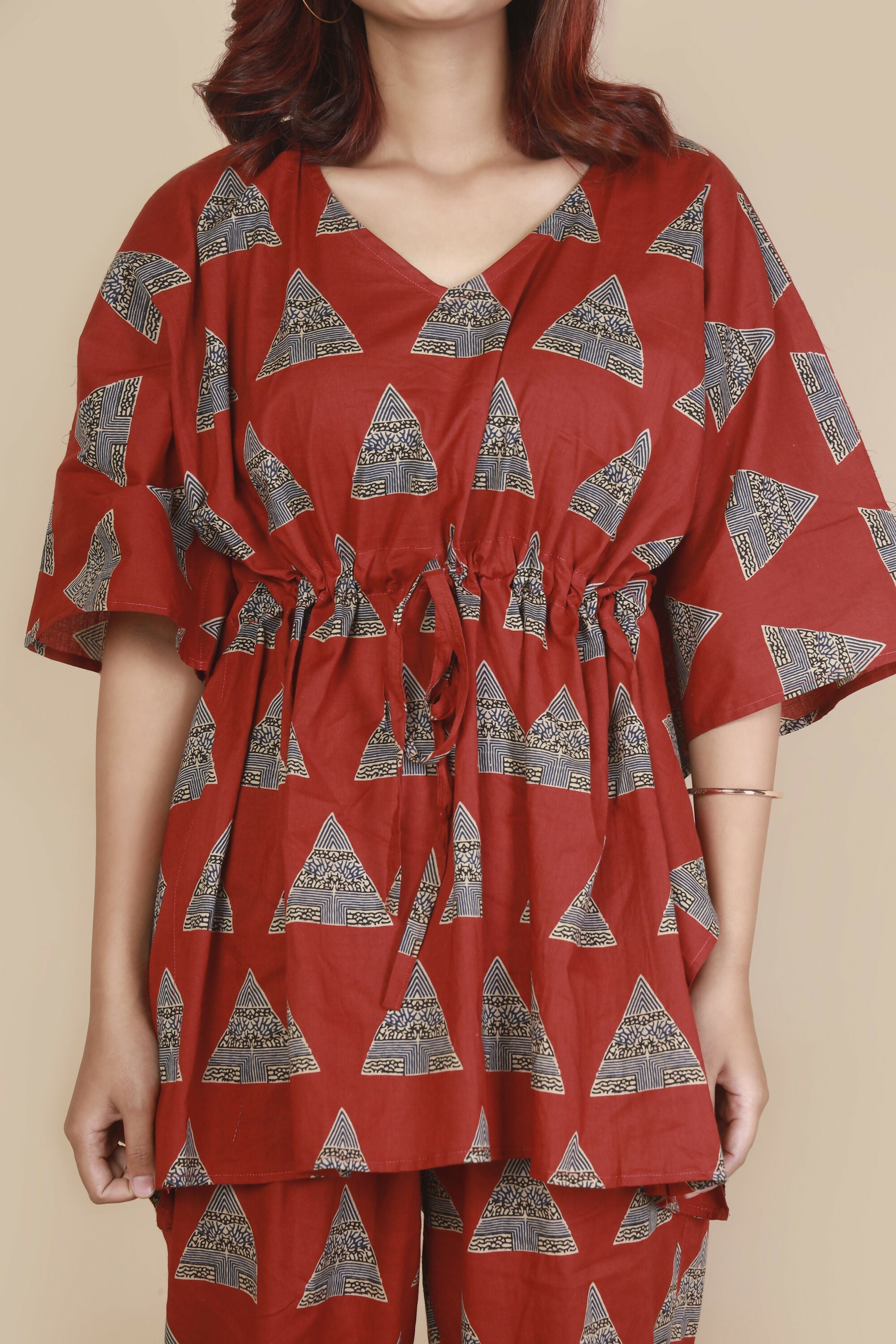 Breathables Women’S Loungewear Kaftan Cotton Red Geometric Print Co-Ord Set | Grocsy