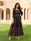 Juniper Women's The Mahautsavam Black Ethnic Motif Printed Georgette Dress With Sequins & Beads | Grocsy